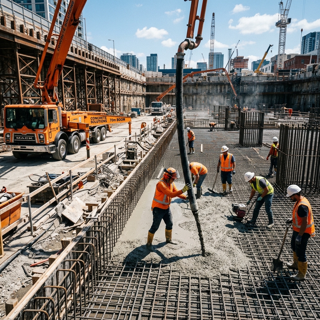 Commercial foundation concrete slab pour